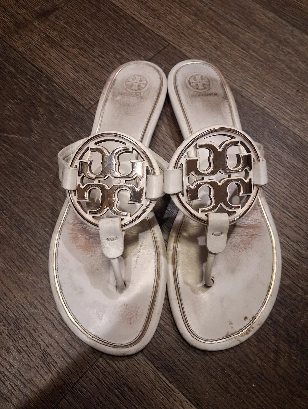 Tory Burch White Leather Logo Thong Sandals with Gold Medallions